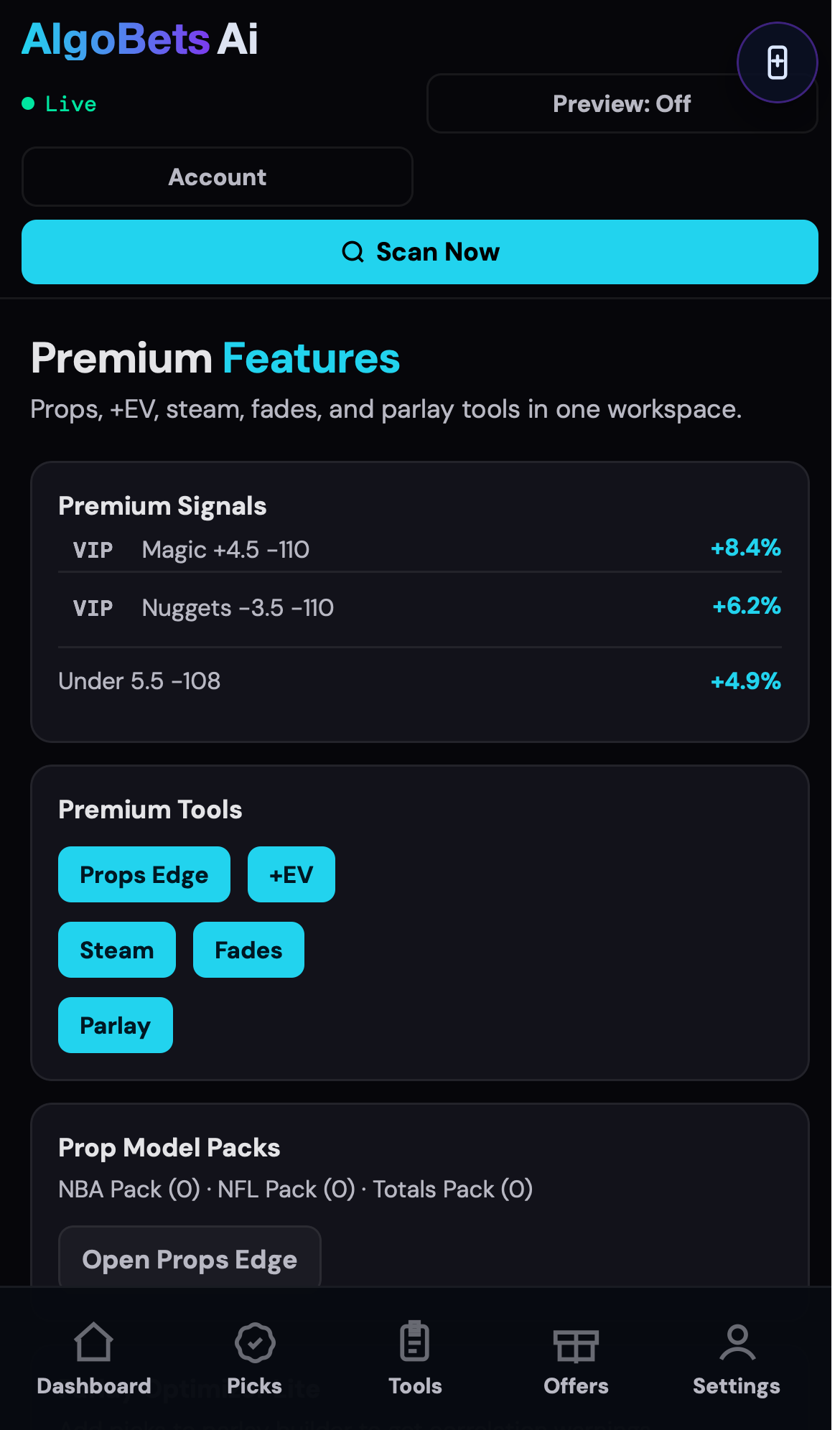 AlgoBets Ai premium tools screenshot